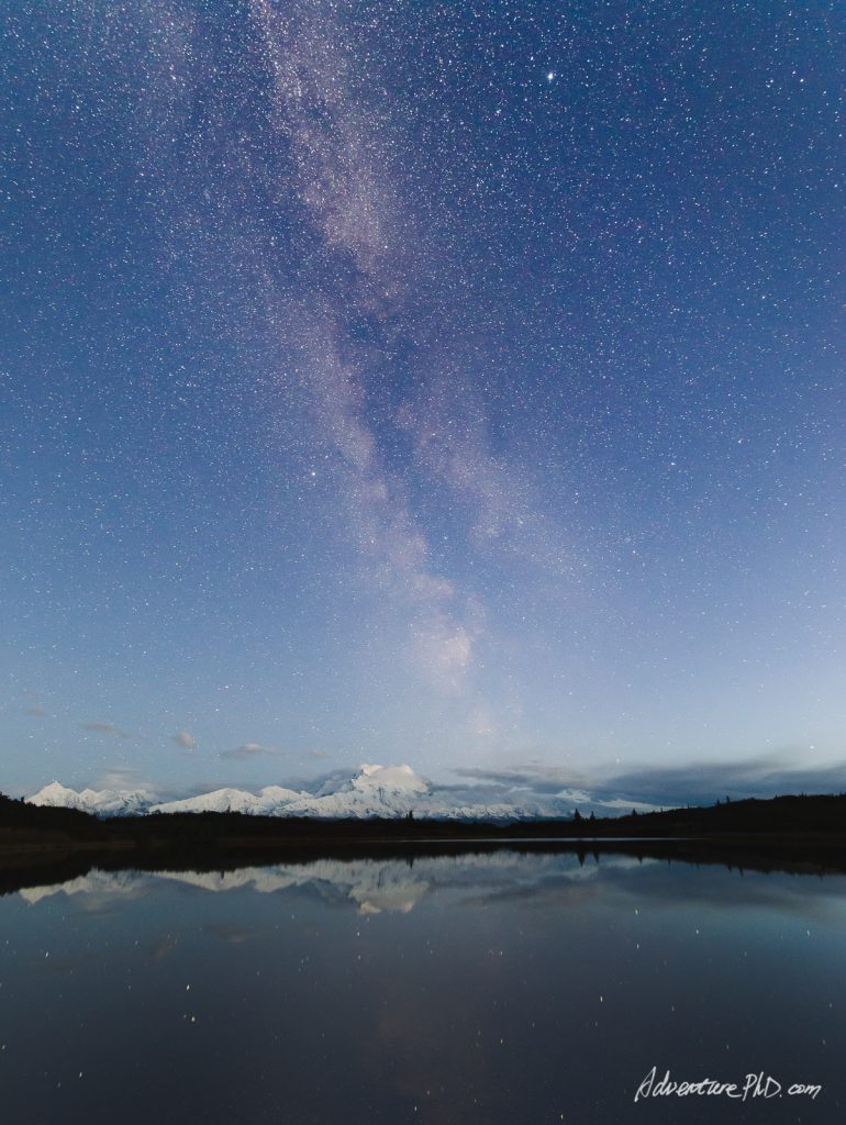Milky way rises over Mount. Denali (McKinley), viewed from the Reflection Pond near the Wonder Lake campground
