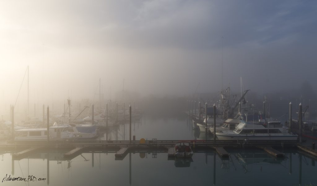 Valdez harbor in a foggy morning, Alaska, USA