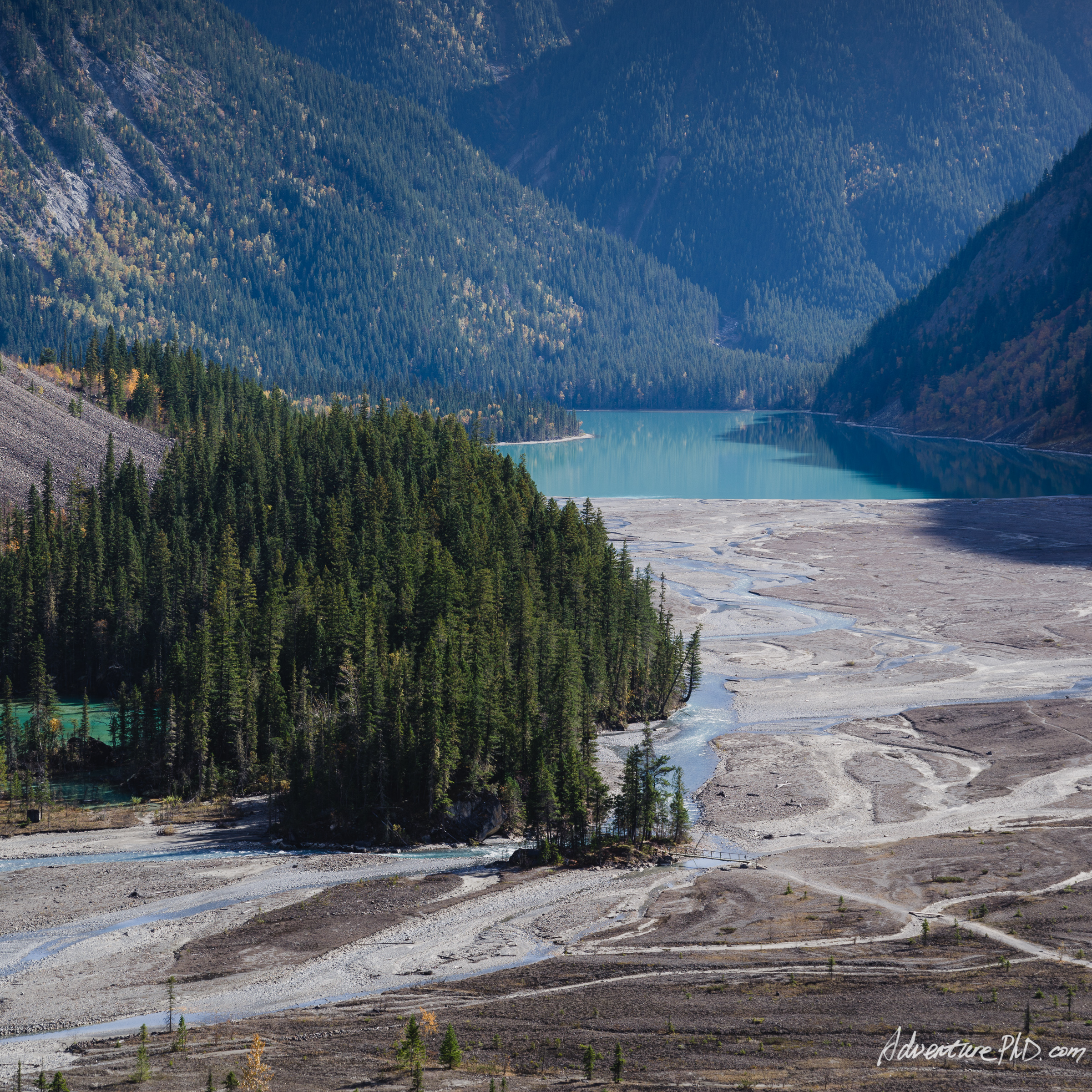 Kinney Lake and dried river bed, Berg Lake Trail