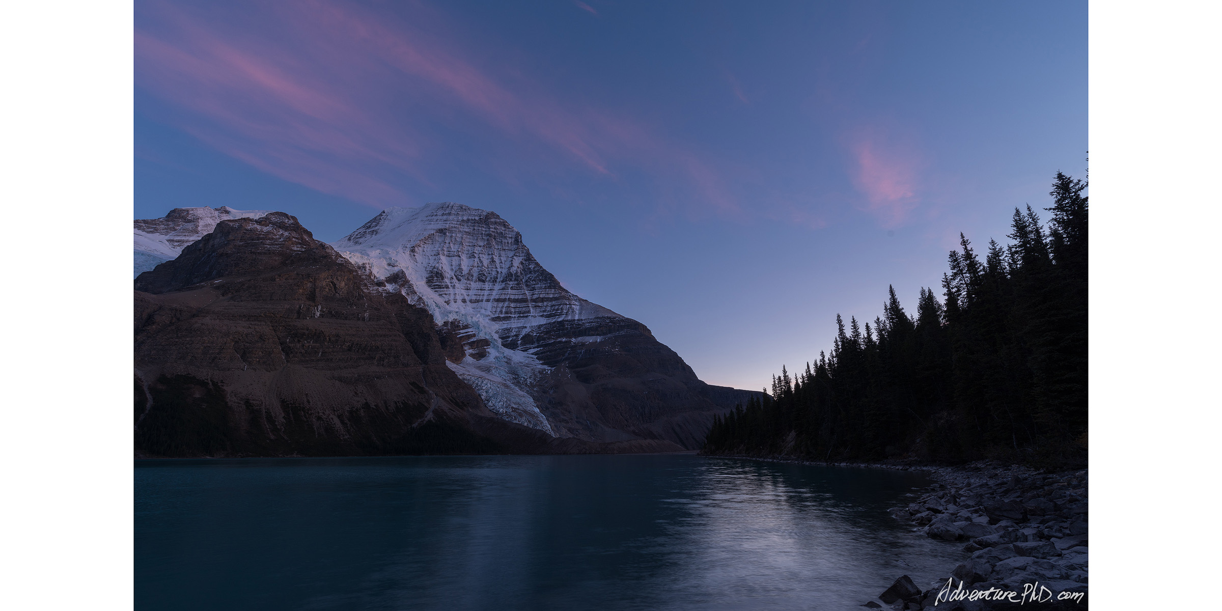 Twilight at Mount. Robson along the Berg Lake