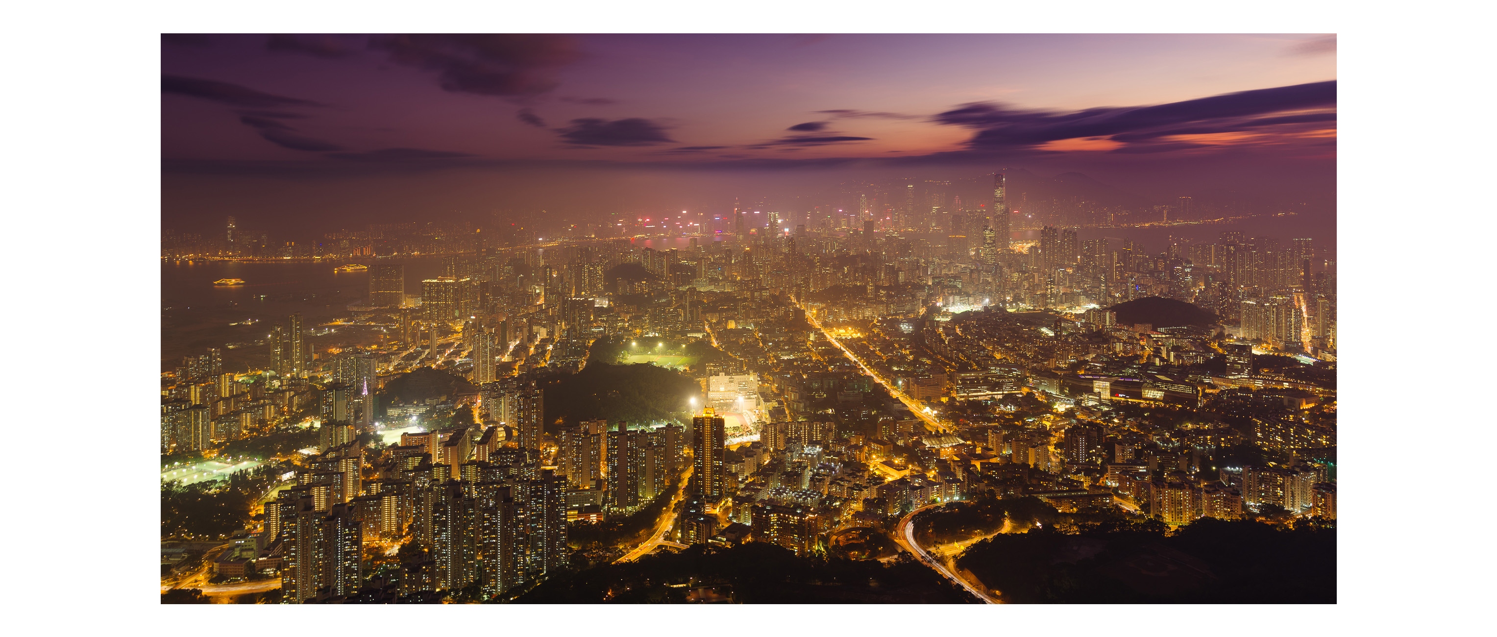 Kowloon city view at night from Lion Rock