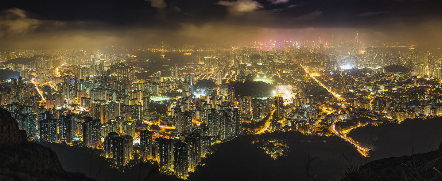 Nightscape of the Kowloon City viewed from the Lion Rock